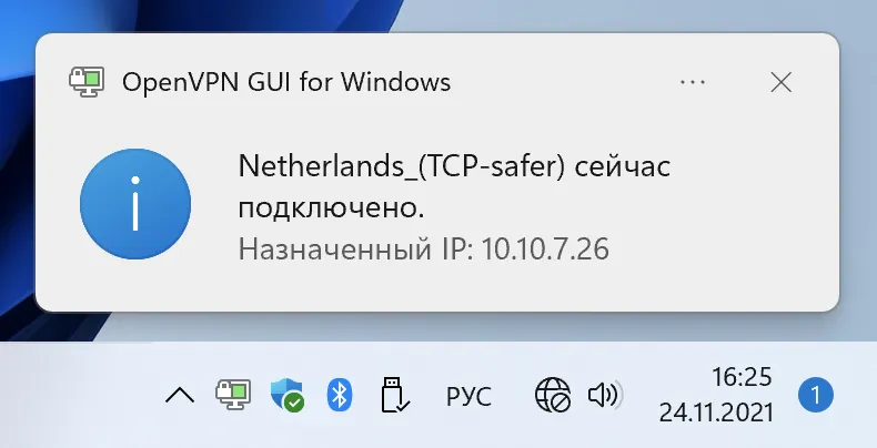 Успешное подключение к OpenVPN в Windows 11