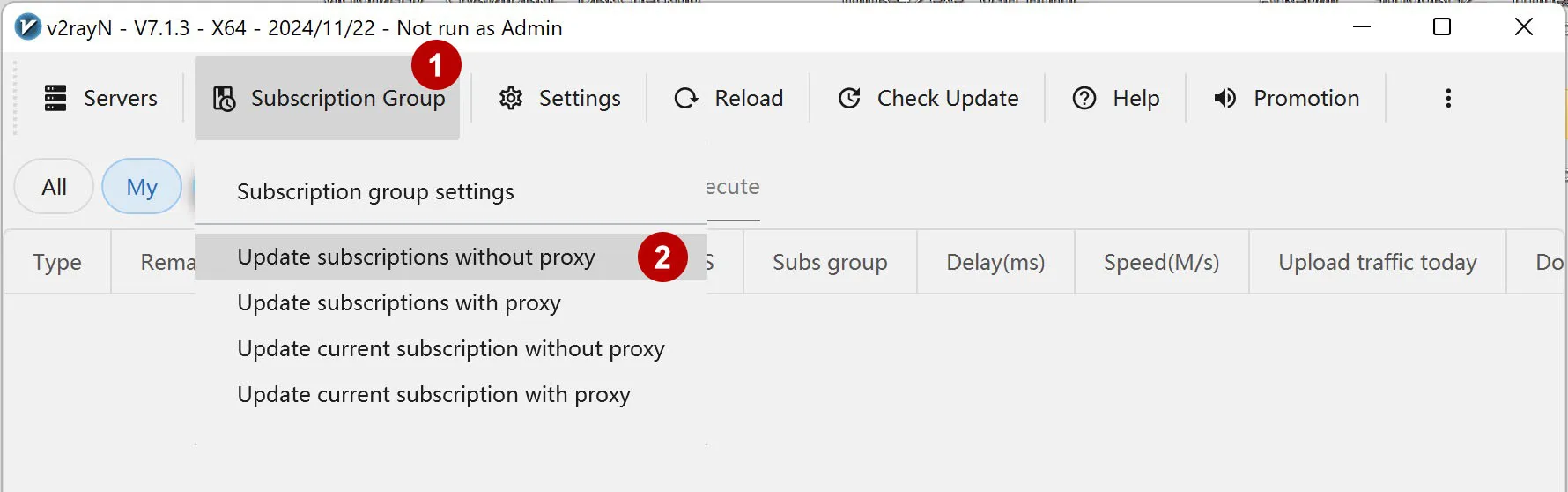 Обновить список подключений в v2rayN на Windows 11
