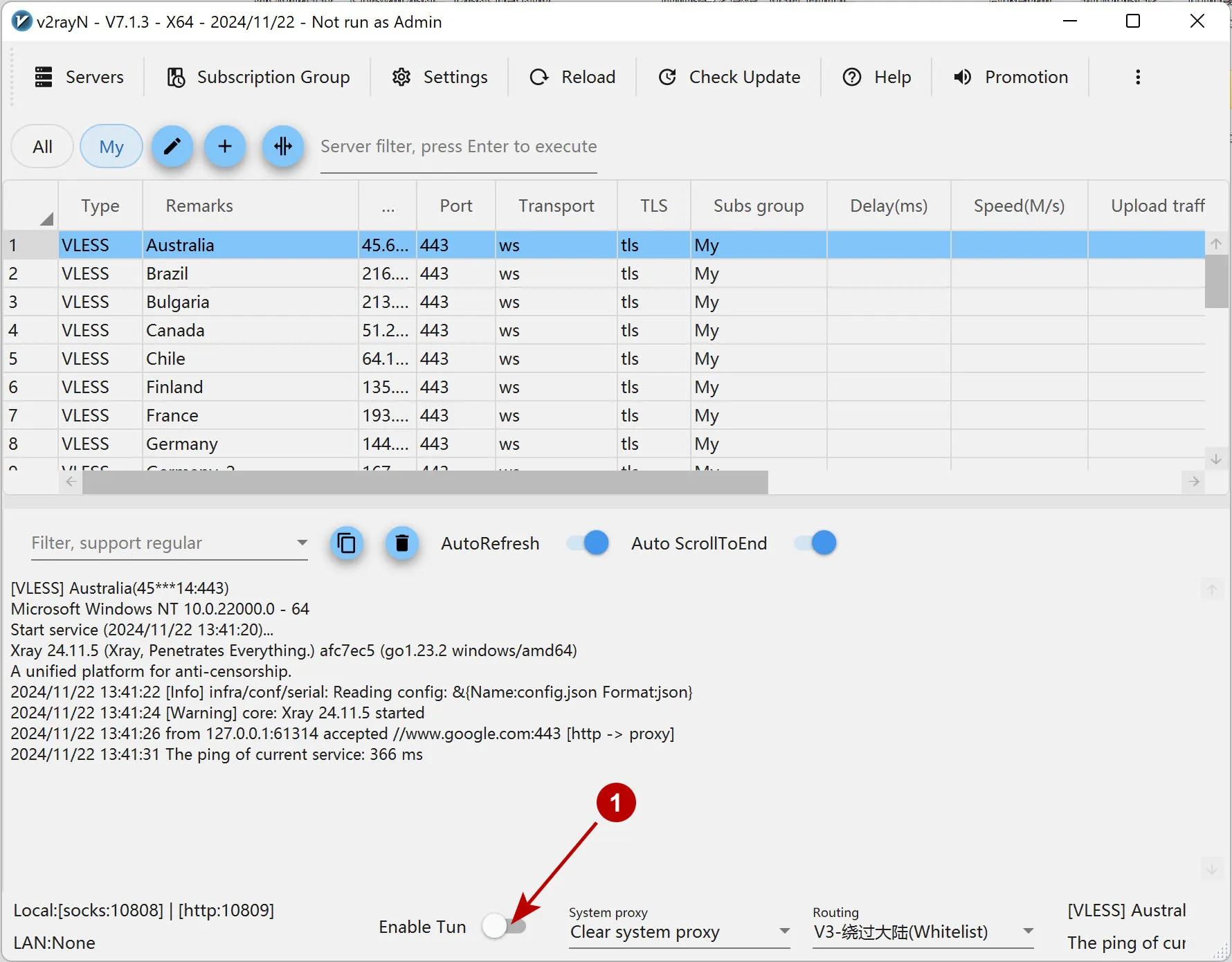 Enable Tun в v2rayN на Windows 11