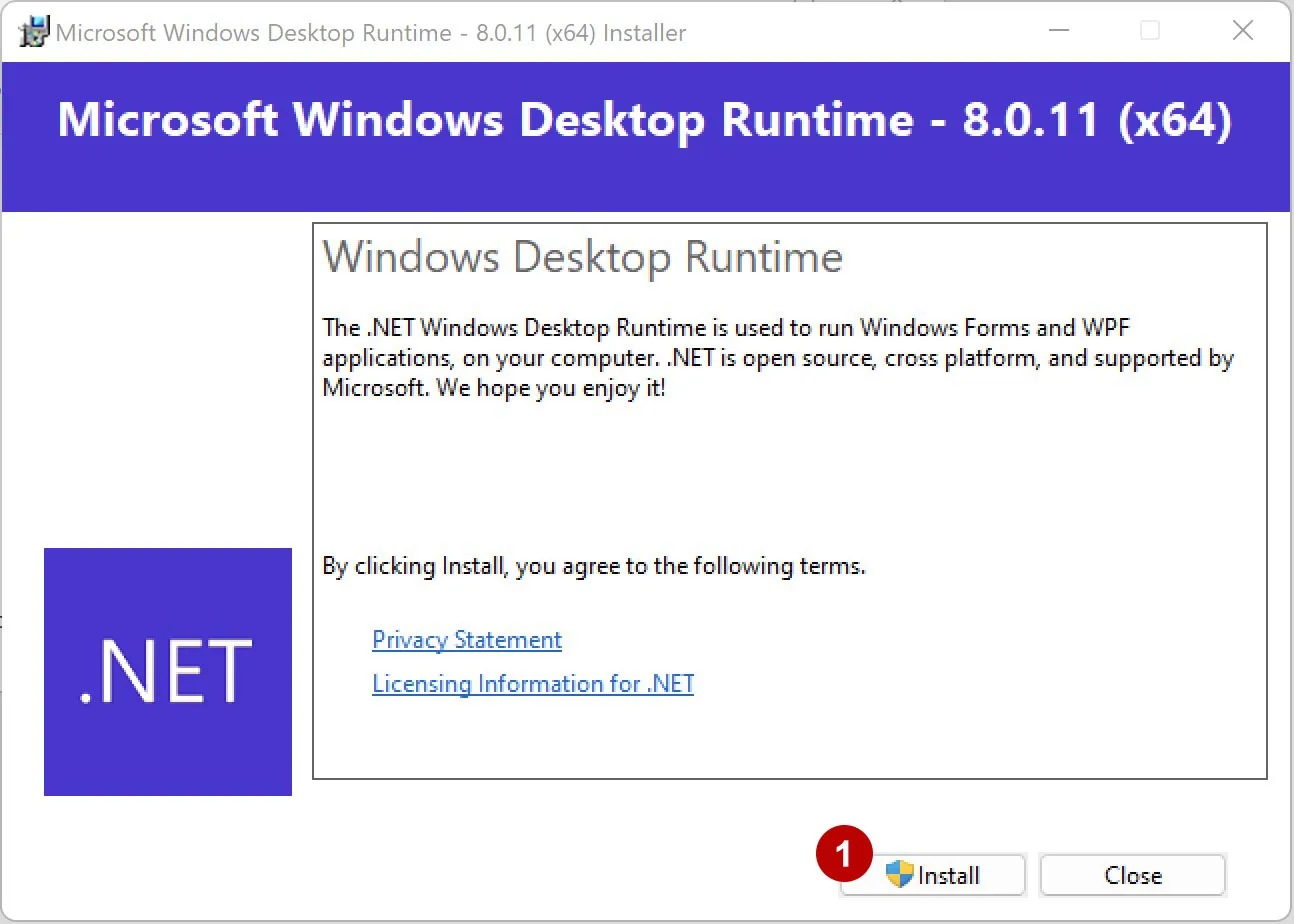 Установка Microsoft .Net Desktop Runtime 8 на Windows 11