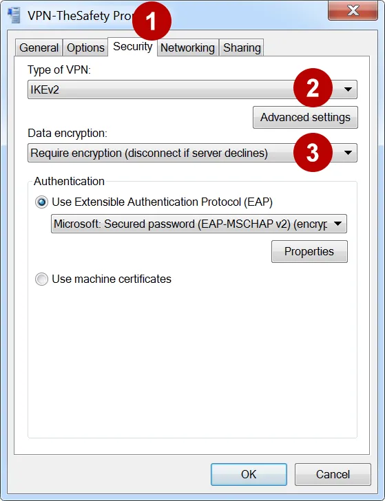Protocol IKEv2 encryption mandatory on Windows 7