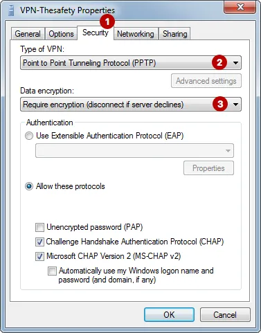 Protocol PPTP encryption mandatory on Windows 7