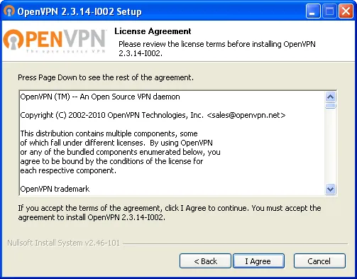 OpenVPN license agreement on Windows XP