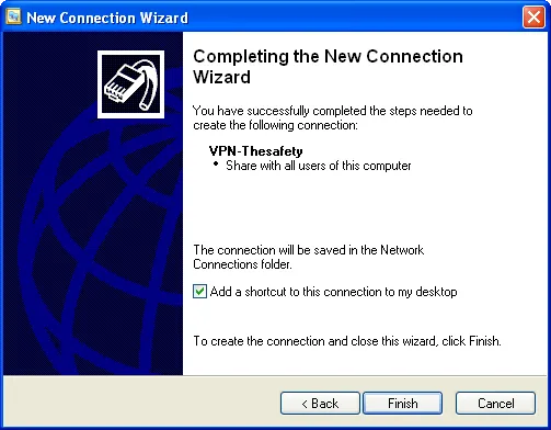 Ярлык подключения PPTP в Windows XP
