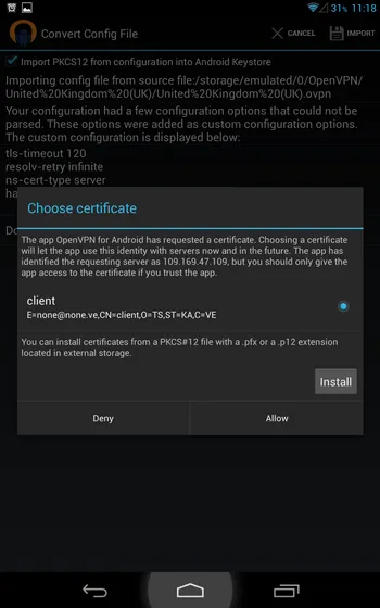 Certificate request in OpenVPN for Android