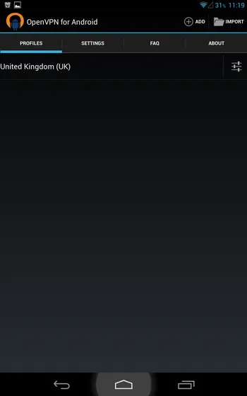 New connection in OpenVPN for Android main menu
