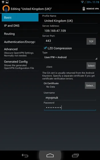 Entering connection credentials in OpenVPN for Android