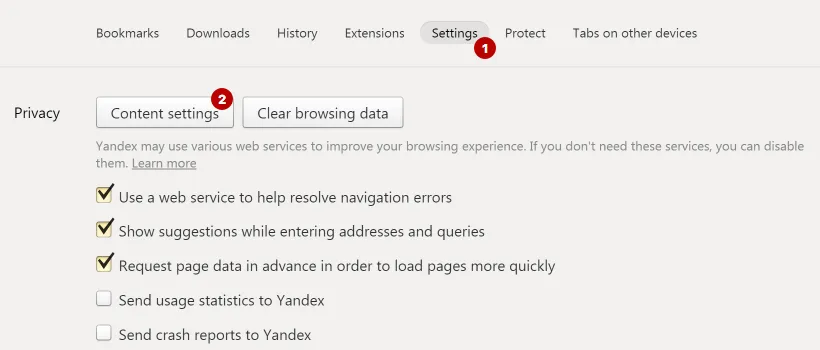 Content Settings in Yandex Browser