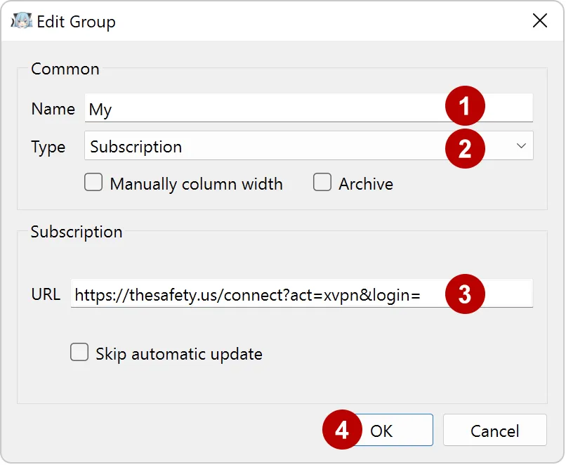 Subscription to xVPN connections in Nekoray on Windows 11